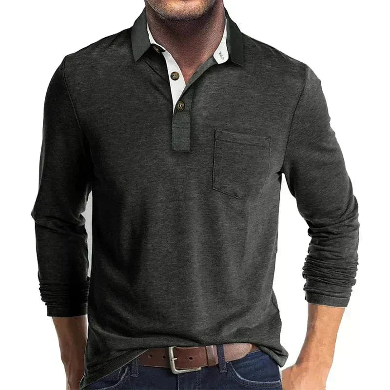 Men's Long Sleeve Polo Shirt with Chest Pocket in Dark Gray