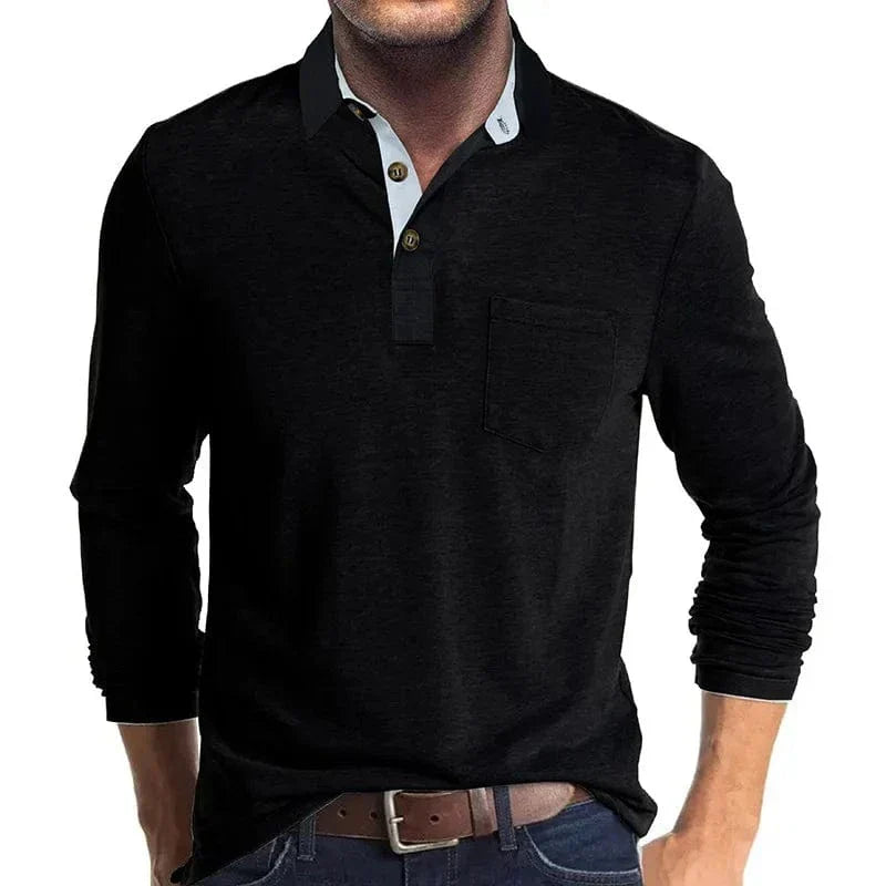 Men's Long Sleeve Polo Shirt with Chest Pocket in Black