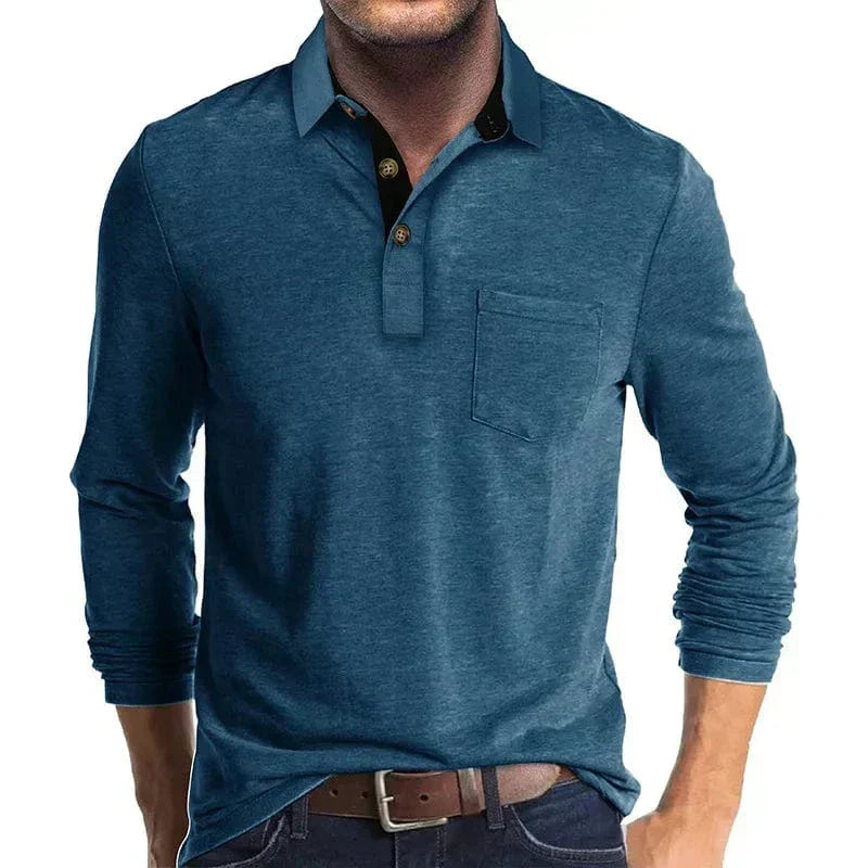 Men's Long Sleeve Polo Shirt with Chest Pocket in Blue