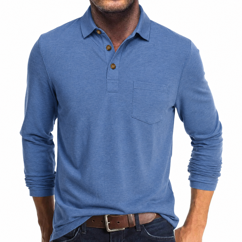 Men's Long Sleeve Polo Shirt with Chest Pocket in Light Blue