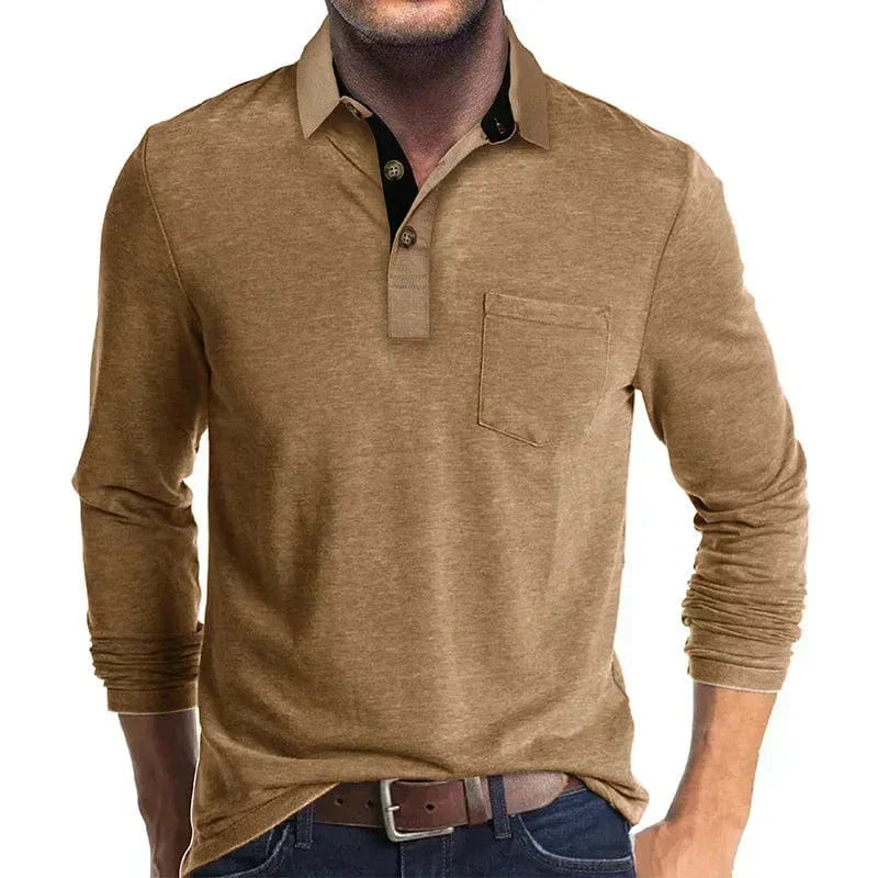 Men's Long Sleeve Polo Shirt with Chest Pocket in Brown