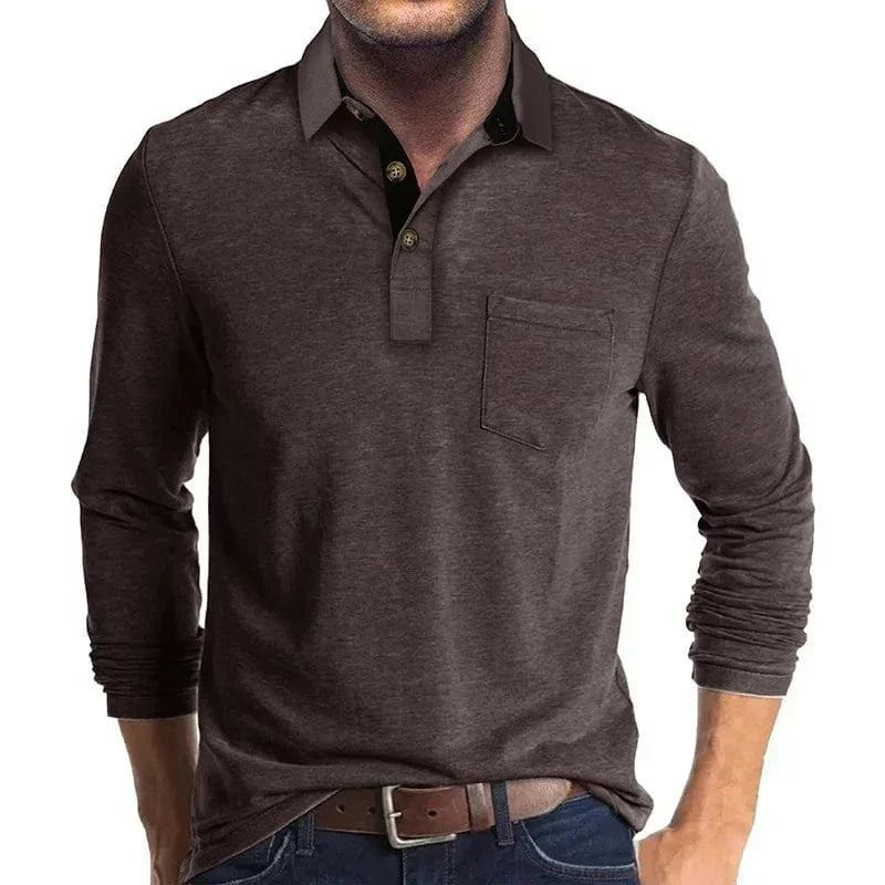 Men's Long Sleeve Polo Shirt with Chest Pocket in Dark Brown