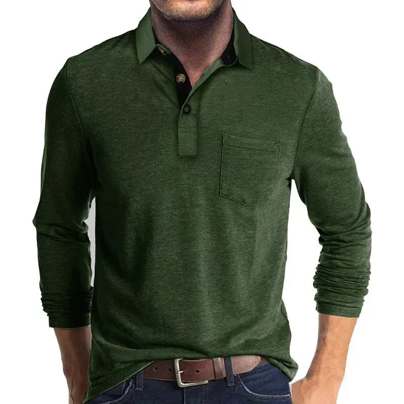 Men's Long Sleeve Polo Shirt with Chest Pocket in Dark Green