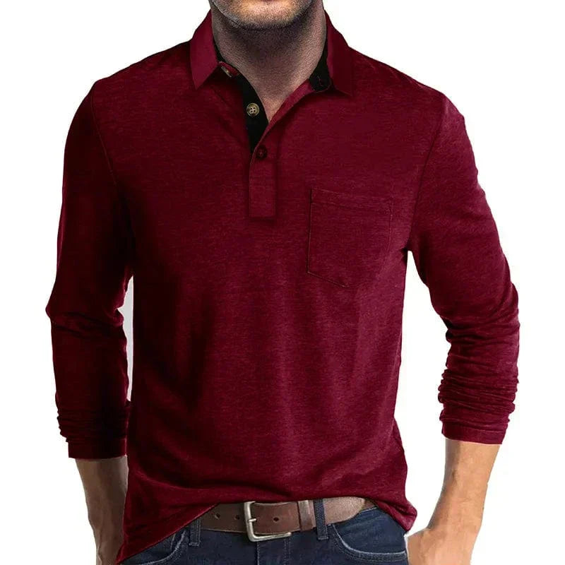 Men's Long Sleeve Polo Shirt with Chest Pocket in Red