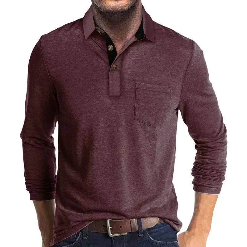 Men's Long Sleeve Polo Shirt with Chest Pocket in Dark Red
