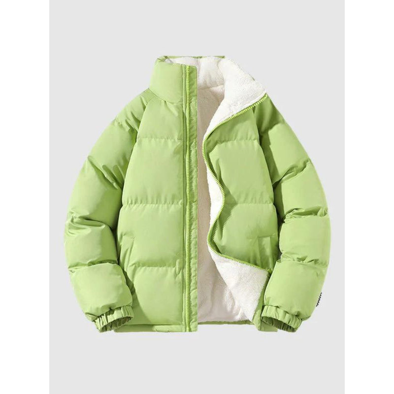Men's Padded Stand Collar Jacket with Sherpa-Look Lining in Green
