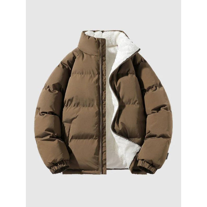Men's Padded Stand Collar Jacket with Sherpa-Look Lining in Brown