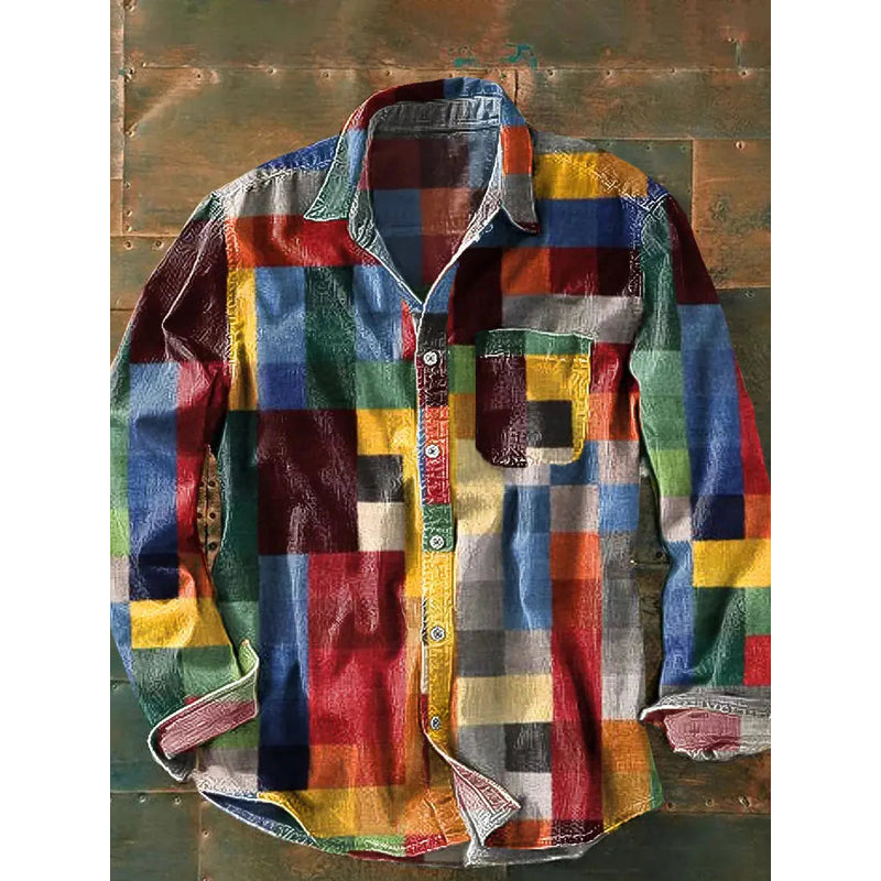 Multicolor men's patchwork long sleeve shirt