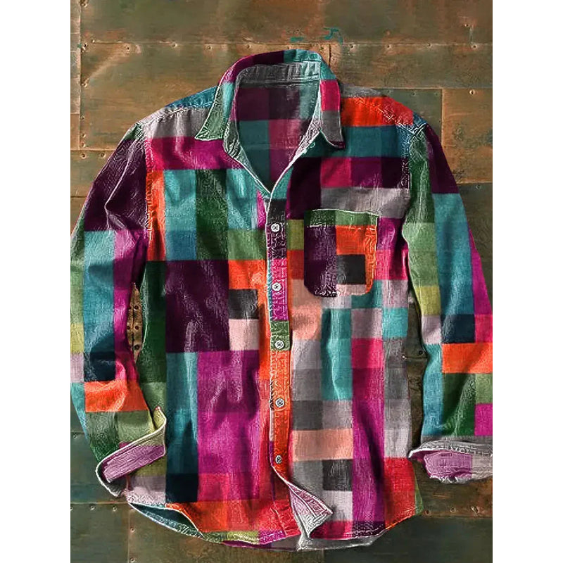 Pink toned men's patchwork long sleeve shirt
