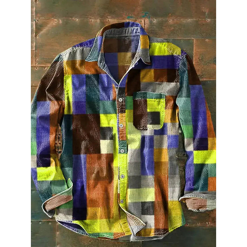 Yellow toned men's patchwork long sleeve shirt