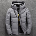 Light gray men's quilted puffer jacket with hood