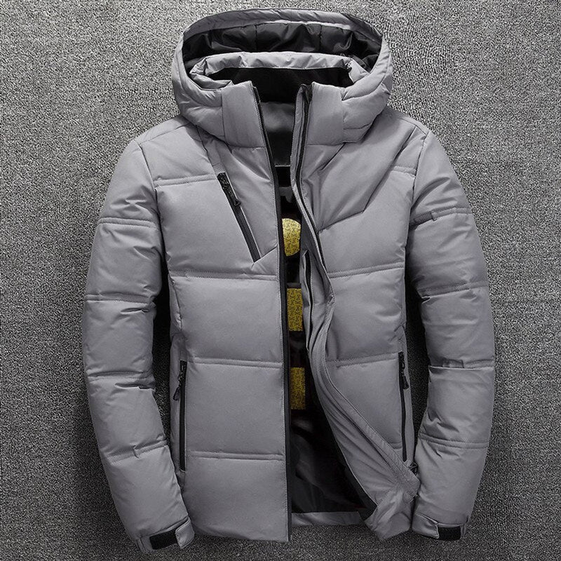 Light gray men's quilted puffer jacket with hood