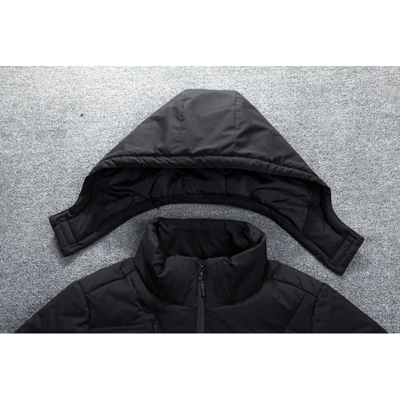 Close-up of the hood on the black puffer jacket