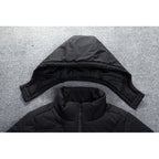 Close-up of the hood on the black puffer jacket