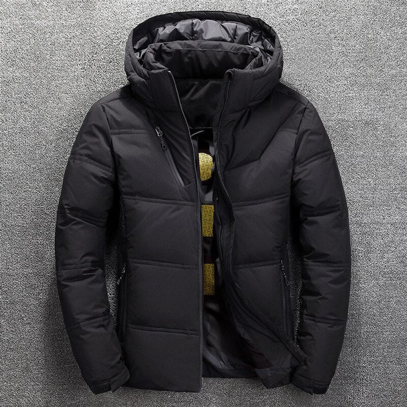 Black men's quilted puffer jacket with hood, front view