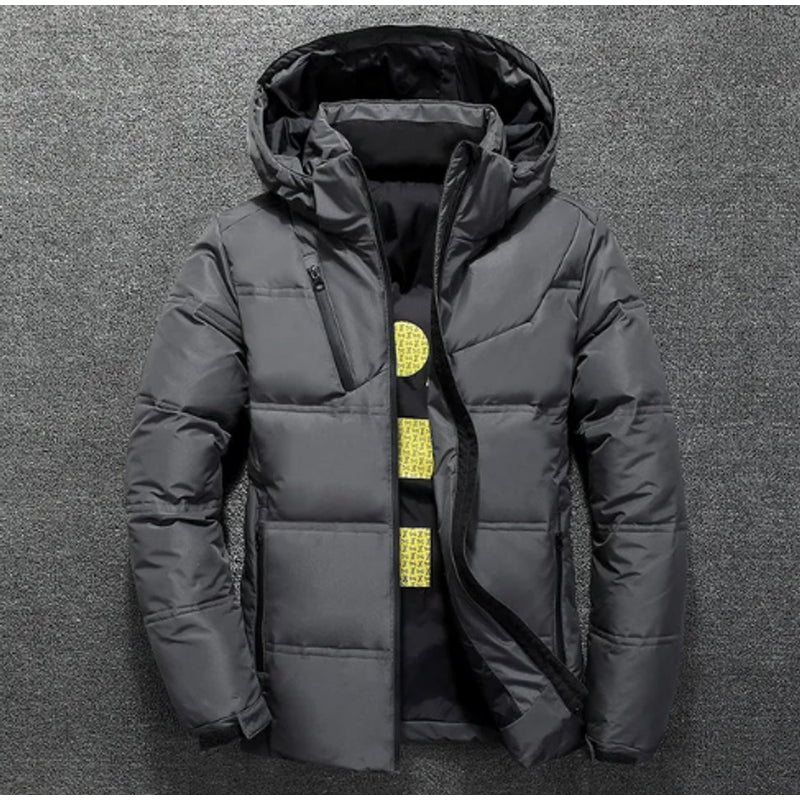 Black men's puffer jacket with zip front and pockets