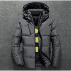 Black men's puffer jacket with zip front and pockets
