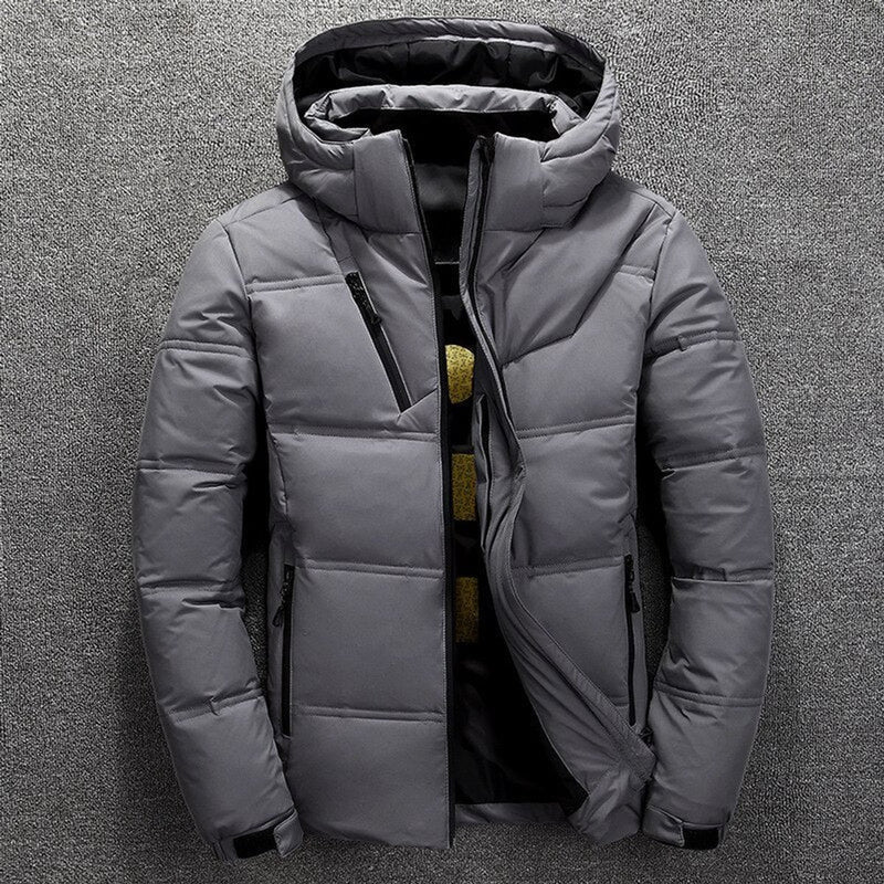 Black hooded quilted puffer jacket, side view