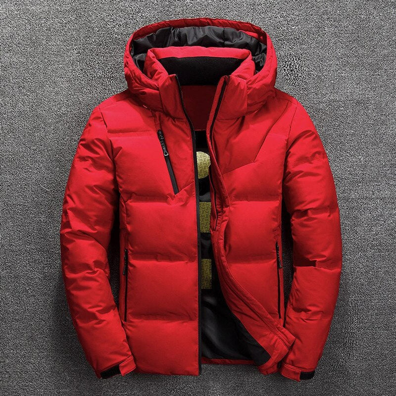 Red men's quilted puffer jacket with hood