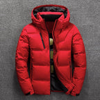 Red men's quilted puffer jacket with hood