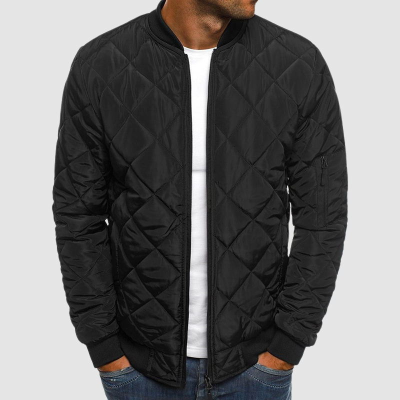 Men's Quilted Stand Collar Jacket with Zip Front in Black