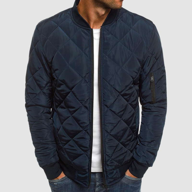 Men's Quilted Stand Collar Jacket with Zip Front in Navy Blue
