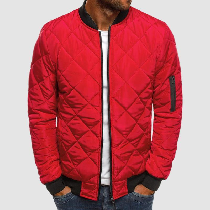 Men's Quilted Stand Collar Jacket with Zip Front in Red