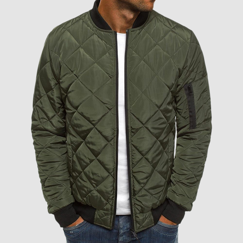Men's Quilted Stand Collar Jacket with Zip Front in Green