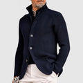 Men's Ribbed Knit Cardigan with Stand Collar in Dark Blue