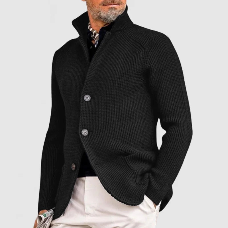 Men's Ribbed Knit Cardigan with Stand Collar in Black