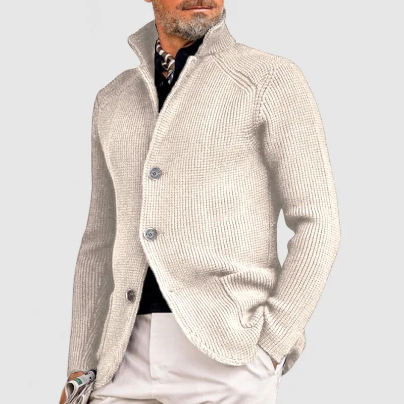 Men's Ribbed Knit Cardigan with Stand Collar in White