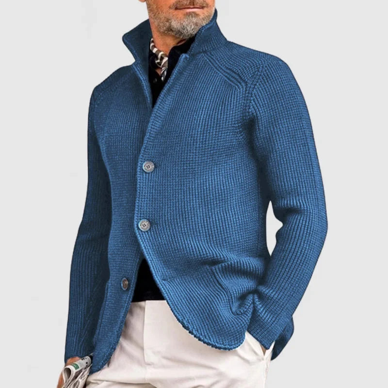 Men's Ribbed Knit Cardigan with Stand Collar in Blue
