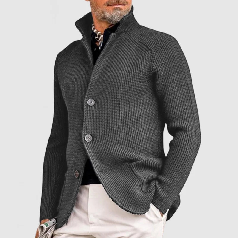 Men's Ribbed Knit Cardigan with Stand Collar in Dark Gray