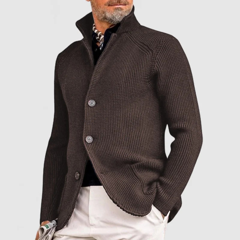Men's Ribbed Knit Cardigan with Stand Collar in Brown