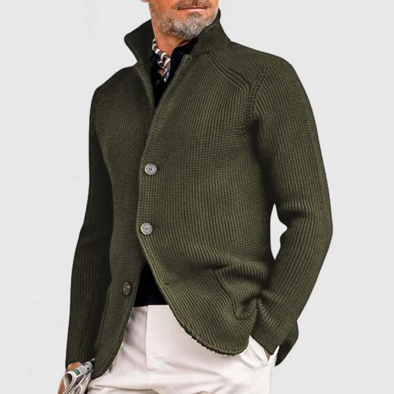 Men's Ribbed Knit Cardigan with Stand Collar in Army Green