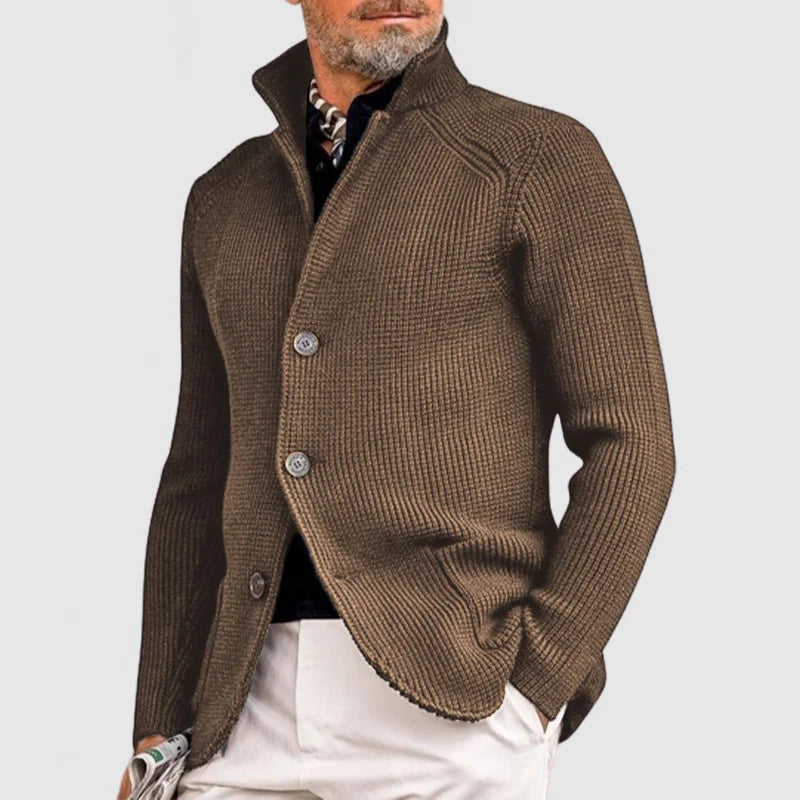 Men's Ribbed Knit Cardigan with Stand Collar – alternate view 1