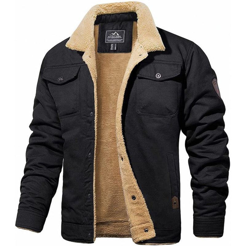 Men's Sherpa Lined Button Jacket with Chest Pockets in Black