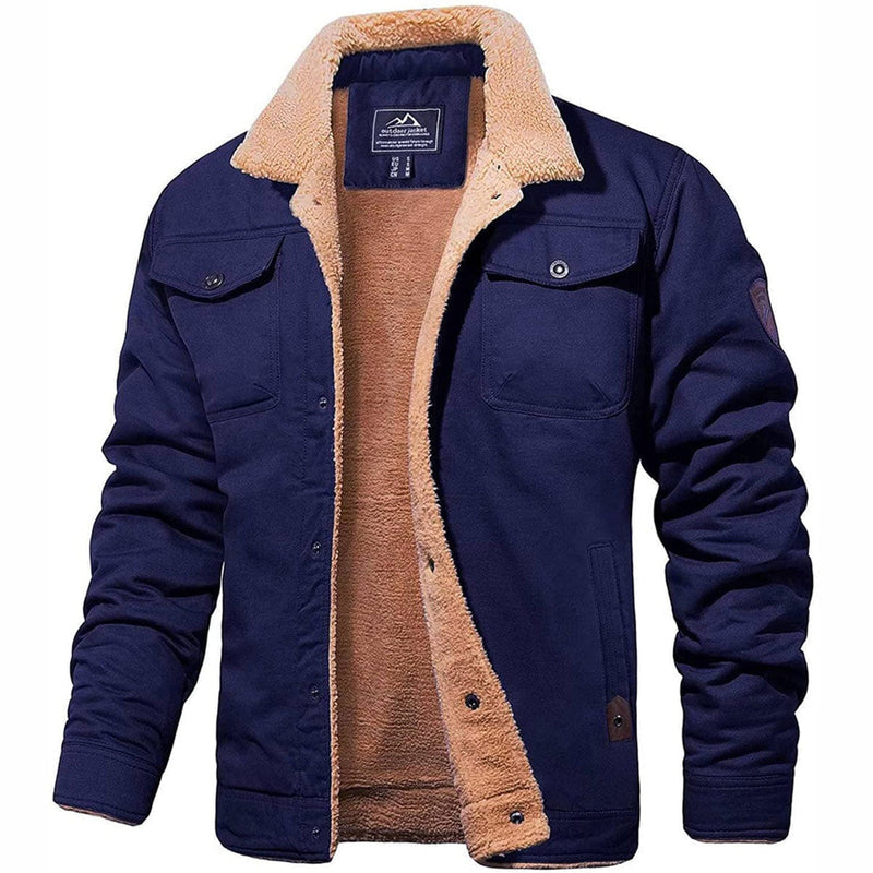 Men's Sherpa Lined Button Jacket with Chest Pockets in Dark Blue