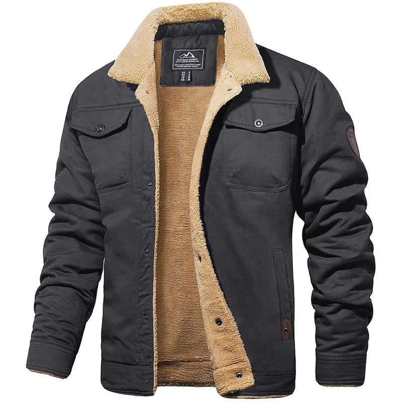 Men's Sherpa Lined Button Jacket with Chest Pockets in Dark Gray