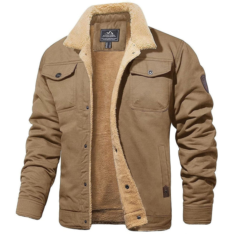 Men's Sherpa Lined Button Jacket with Chest Pockets in Beige