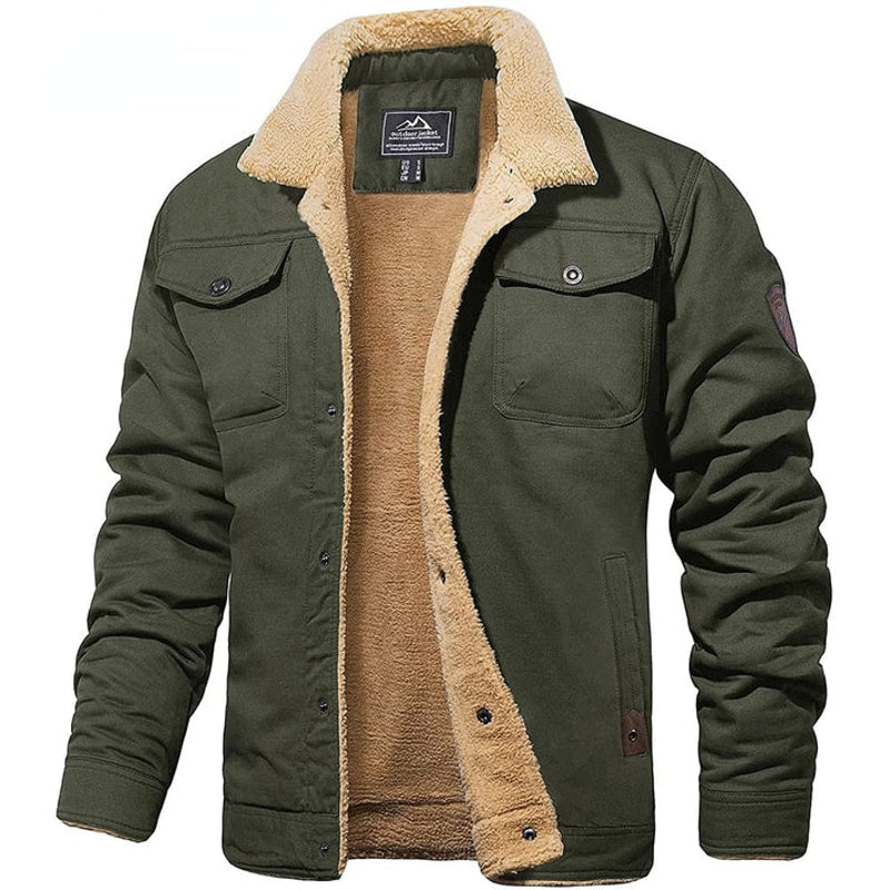 Men's Sherpa Lined Button Jacket with Chest Pockets in Army Green