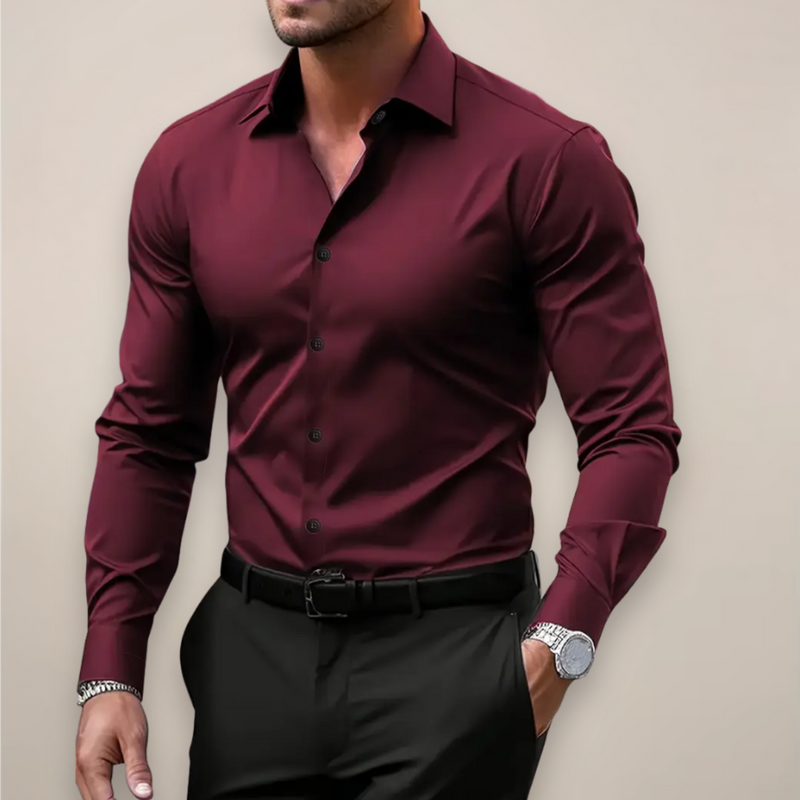 Man in a wine red slim fit long sleeve shirt
