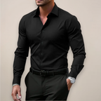 Man in a black slim fit long sleeve shirt