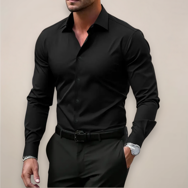 Man in a black slim fit long sleeve shirt