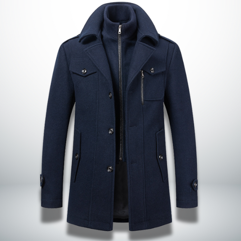 Navy blue men's smart casual button coat with layered collar