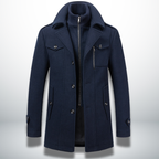 Navy blue men's smart casual button coat with layered collar