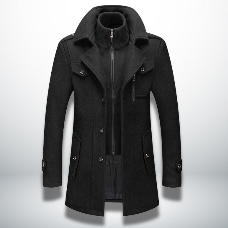 Black men's smart casual button coat, front view