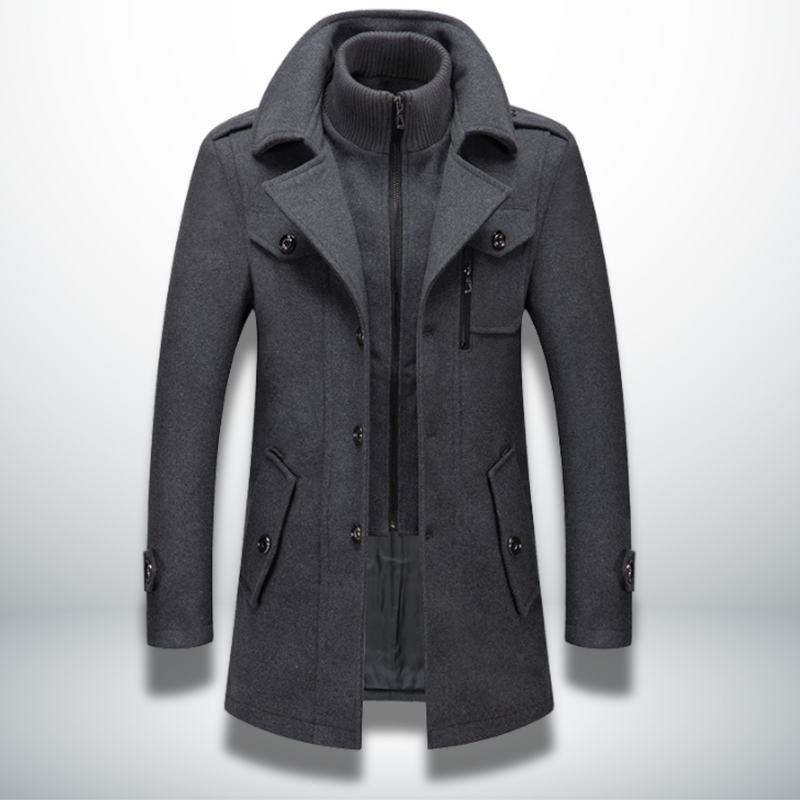 Gray men's smart casual button coat with layered collar
