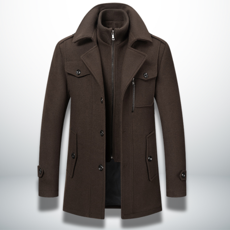 Brown men's smart casual button coat, front view