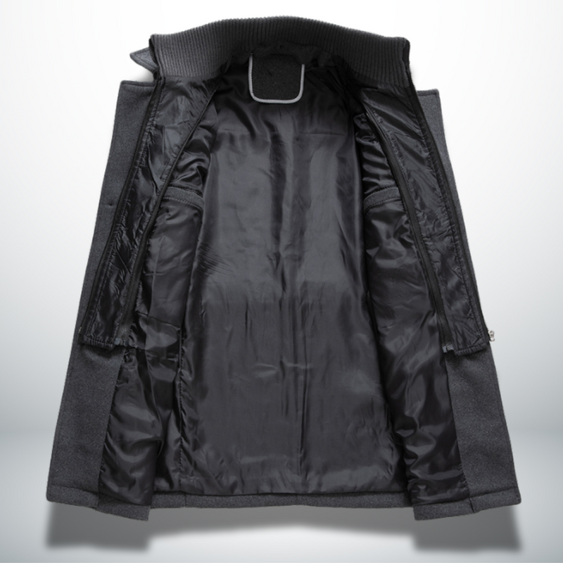 Close-up of the inner collar and zip detail of the men's coat